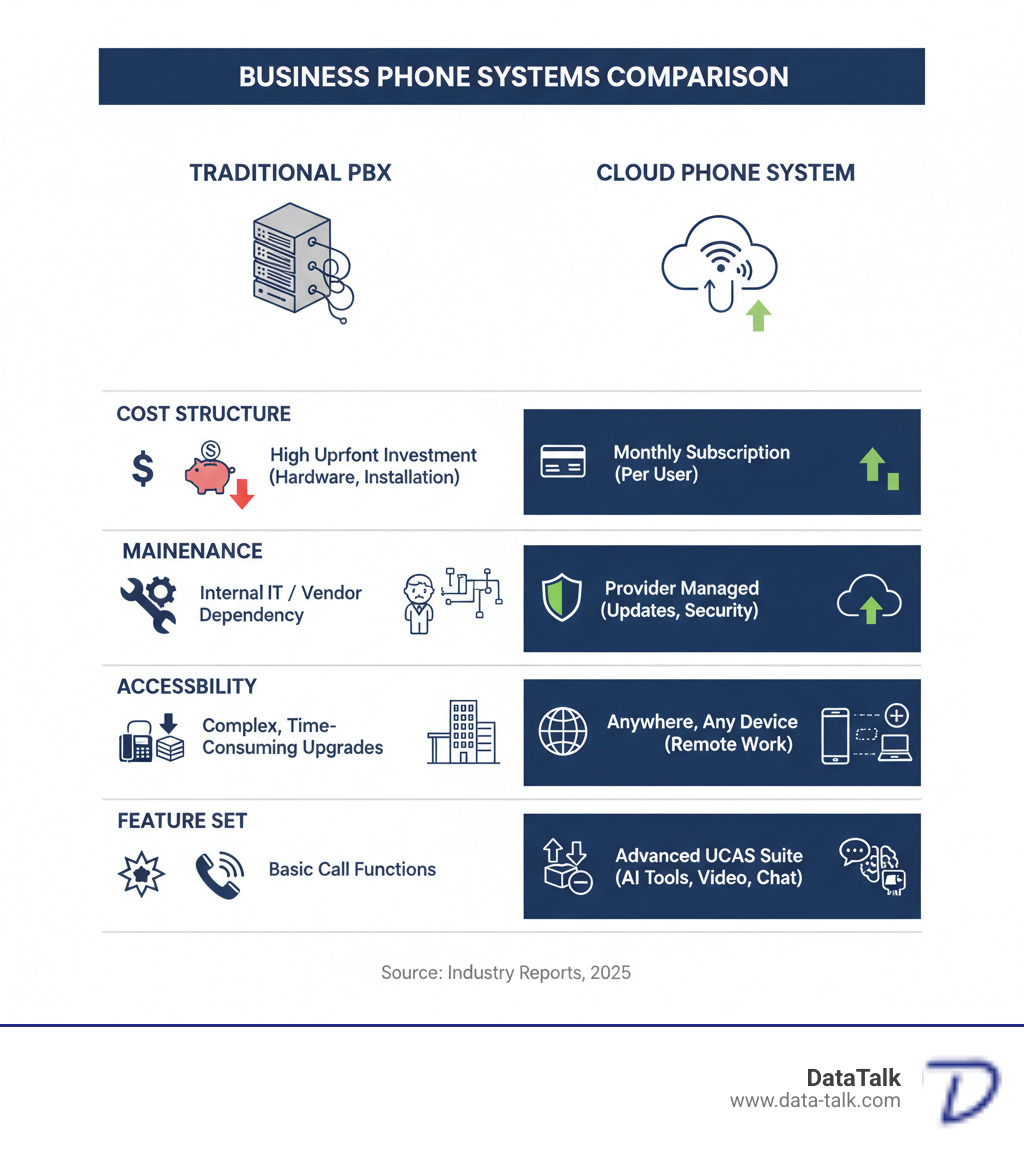 infographic showing comparison between traditional PBX and cloud phone systems, including cost structure, maintenance responsibility, accessibility, scalability, and feature sets - cloud based business phone system infographic infographic showing comparison between traditional PBX and cloud phone systems, including cost structure, maintenance responsibility, accessibility, scalability, and feature sets - cloud based business phone system infographic